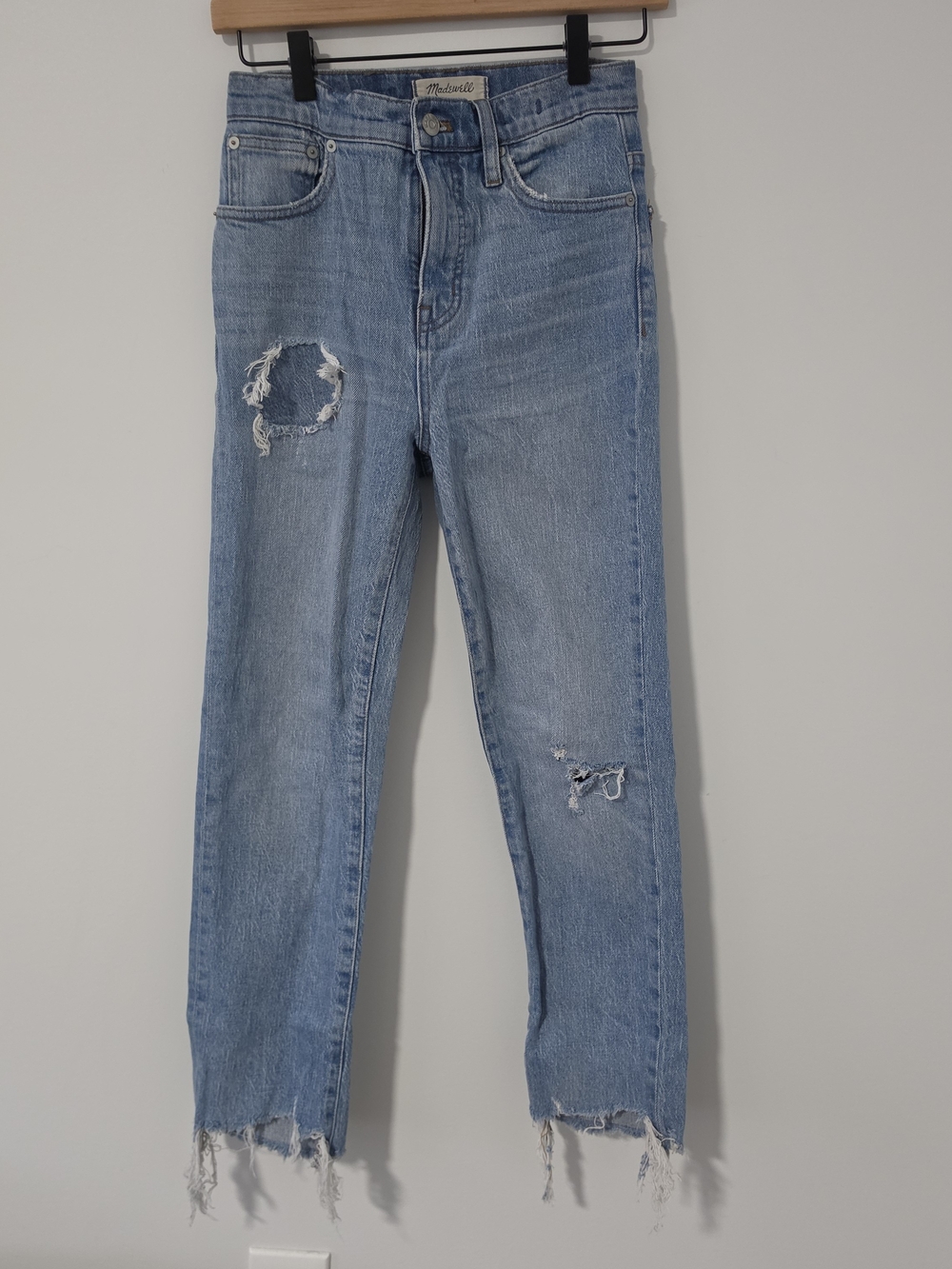 Madewell Classic Straight Jeans Light Wash Distressed Ripped Raw Hem Size 23